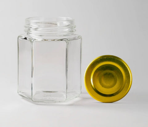 Hexagonal Glass Jars 120 x 180ml Jars with Golden Lids