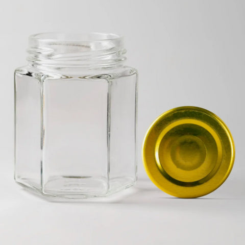 Hexagonal Glass Jars 105 x 280ml Jars with Golden Lids